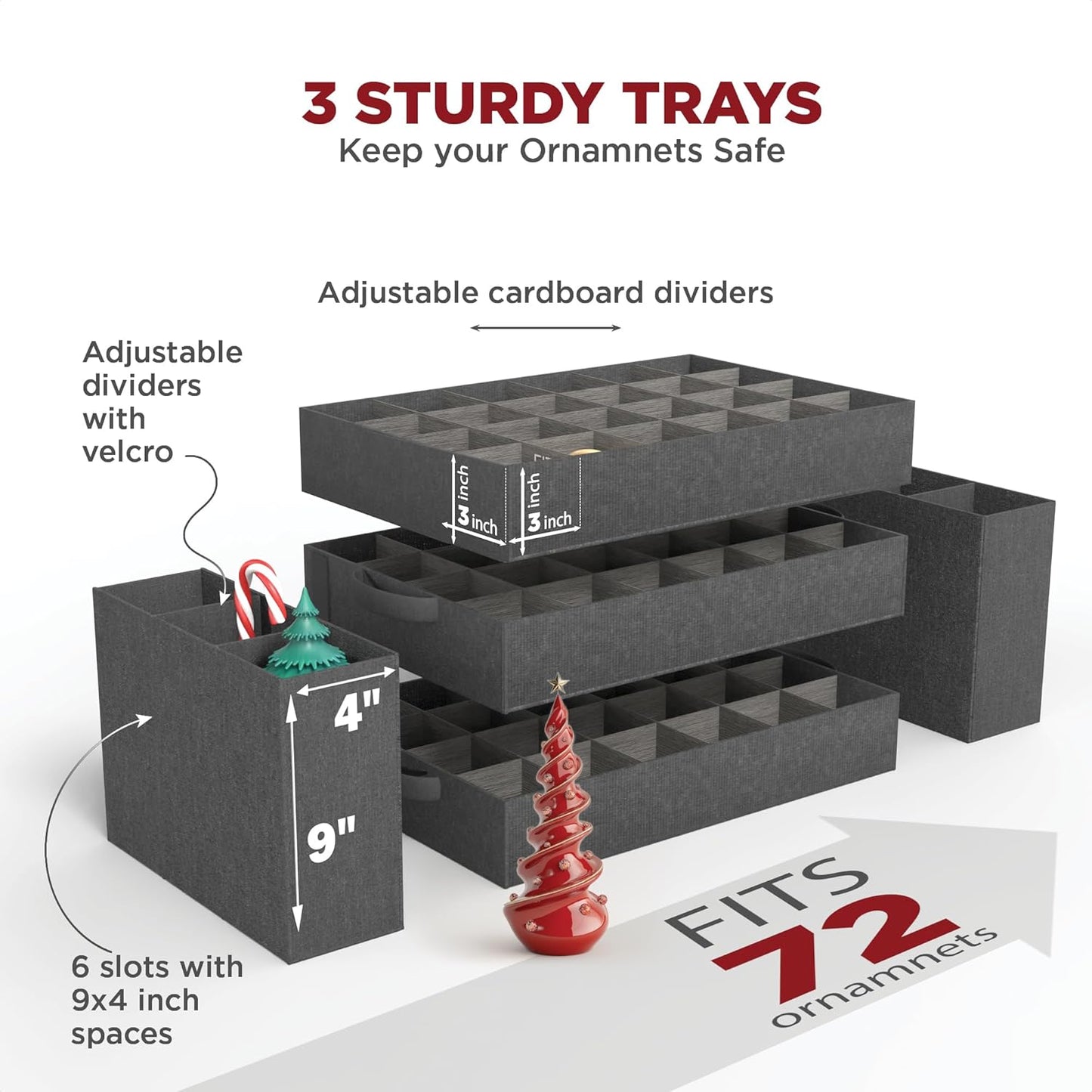Premium Christmas Ornament Storage Box – Holds up to 72-3” Ornaments + 8 Side Slots for Figurines & Nutcrackers – Holiday Decoration Organizer – Durable 600D Grey Canvas