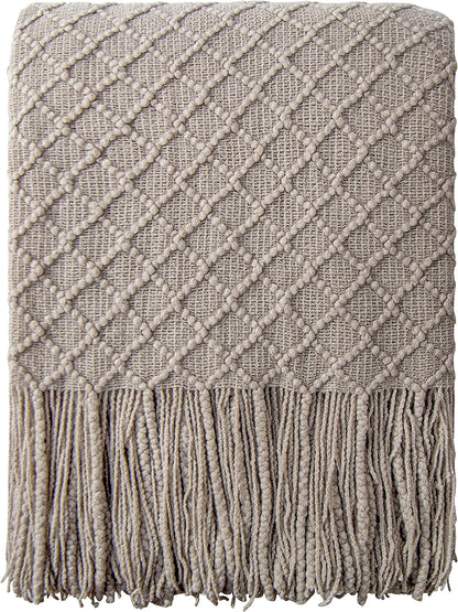 Acrylic Knitted Throw Blanket Travel, Couch, Bed, Sofa, 51X67 Inches, Taupe Checkered