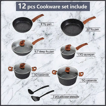 12 Pieces Kitchen Pots & Pans Set Nonstick Cookware Set Granite Coated W/ Lid