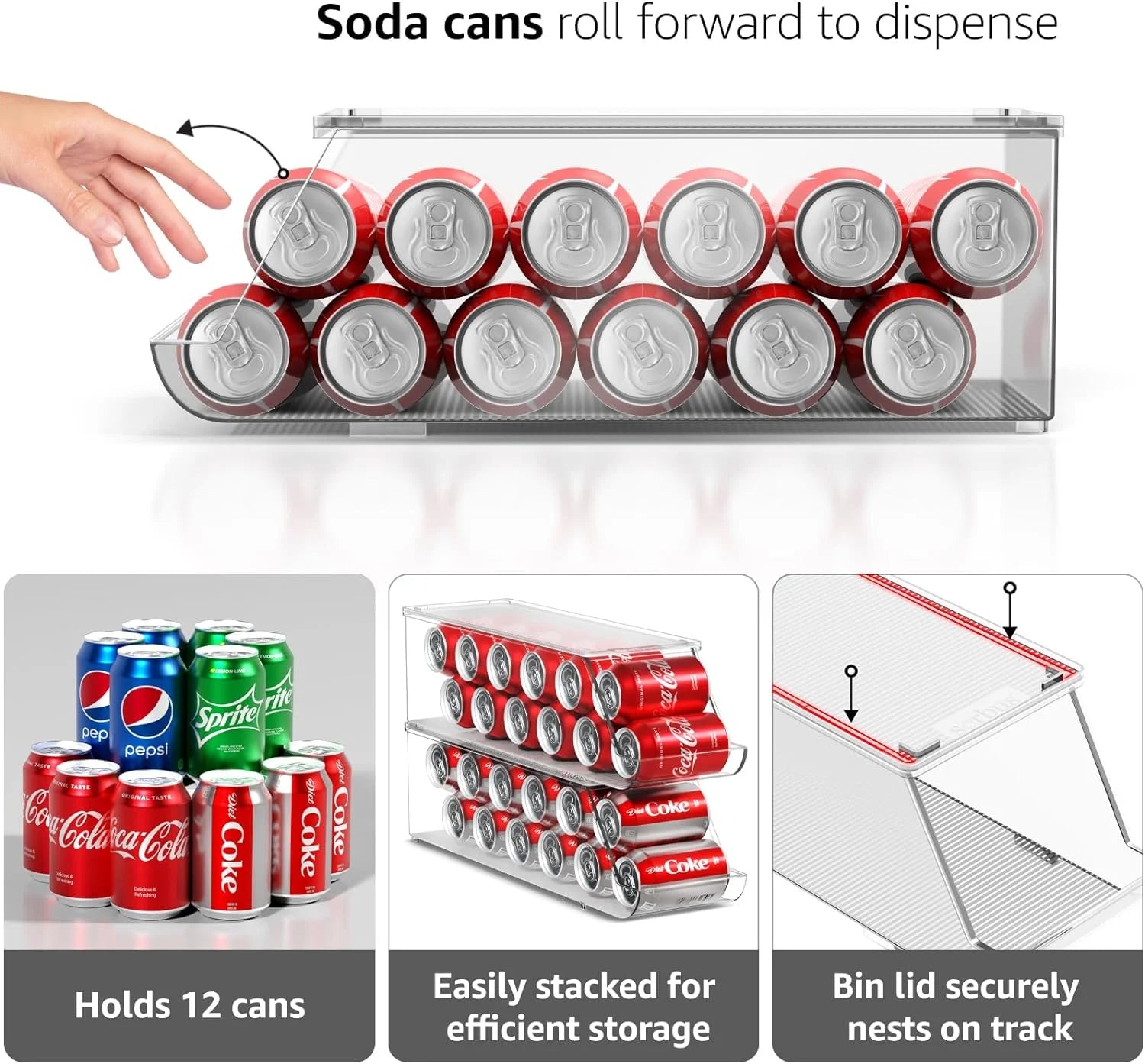 Clear Soda Can Organizer for Refrigerator, Stackable, Holds 12 Cans (2-Pack)