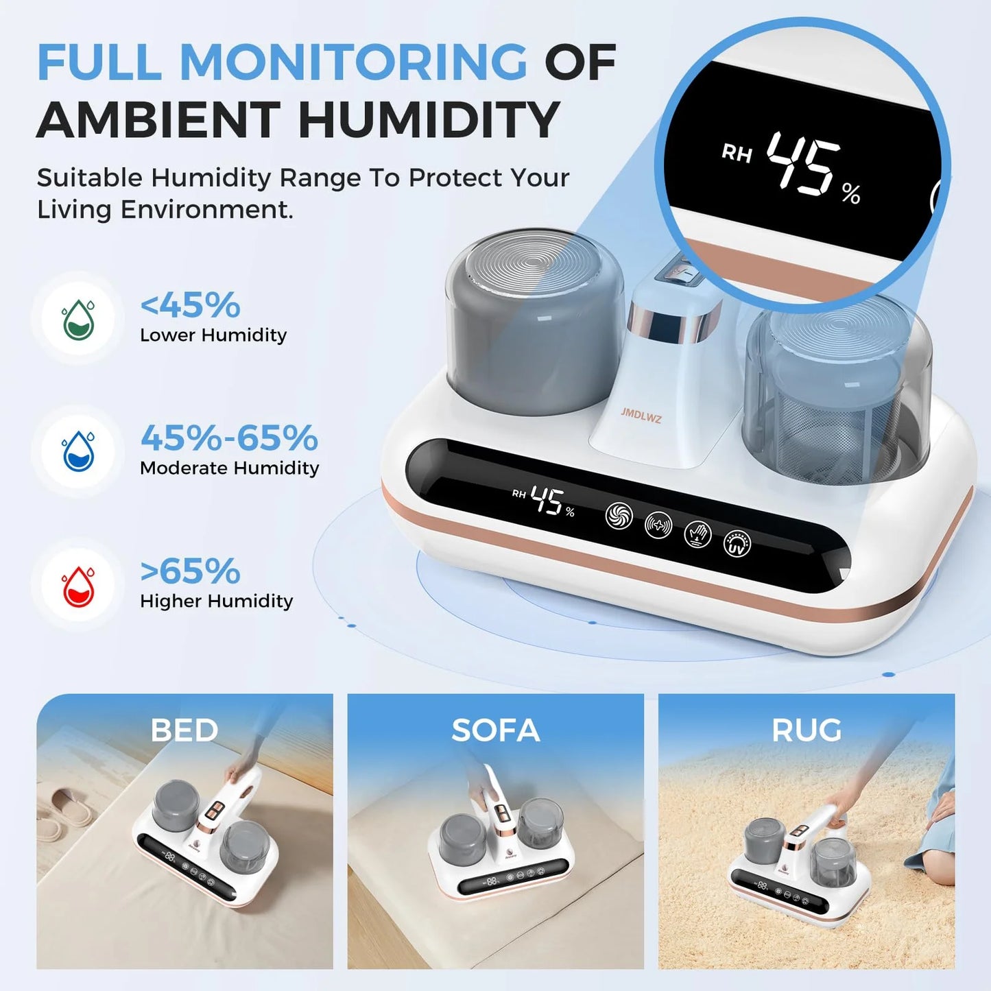 Mattress Vacuum Cleaner - 5-In-1 Cordless Bed Vacuum Cleaner, Powered by UV-C Light & Ultrasonic Technology, 16Kpa Strong Suction,Low Noise,Suitable for Dust, Pet Hair, Etc.