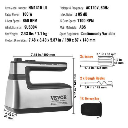 VEVOR Cordless Electric Hand Mixer, 250W, Continuously Variable Electric Handheld Mixer, with Turbo Boost Beaters Dough Hooks Storage Bag, Baking Supplies for Whipping Mixing Egg Cookie Cake Cream