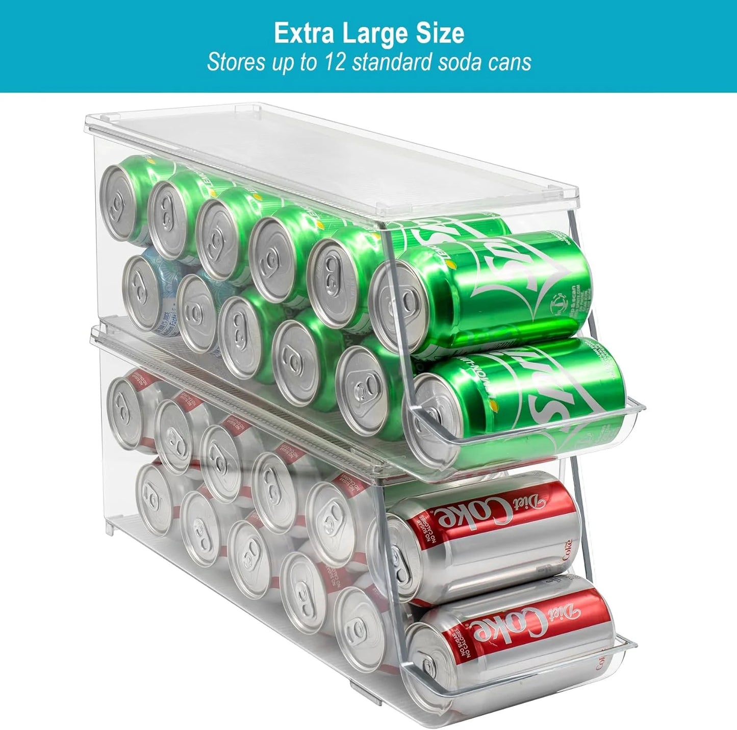 Clear Soda Can Organizer for Refrigerator, Stackable, Holds 12 Cans (2-Pack)