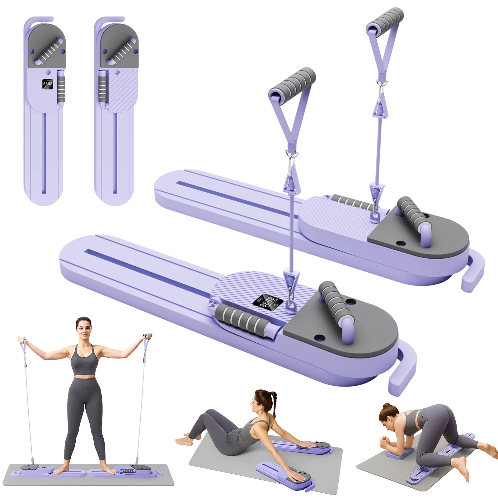 Pilates Reformer Board AB Portable Split Resistance Gym Equipment with Resistance Bands LCD Display Full Body Workout Machine