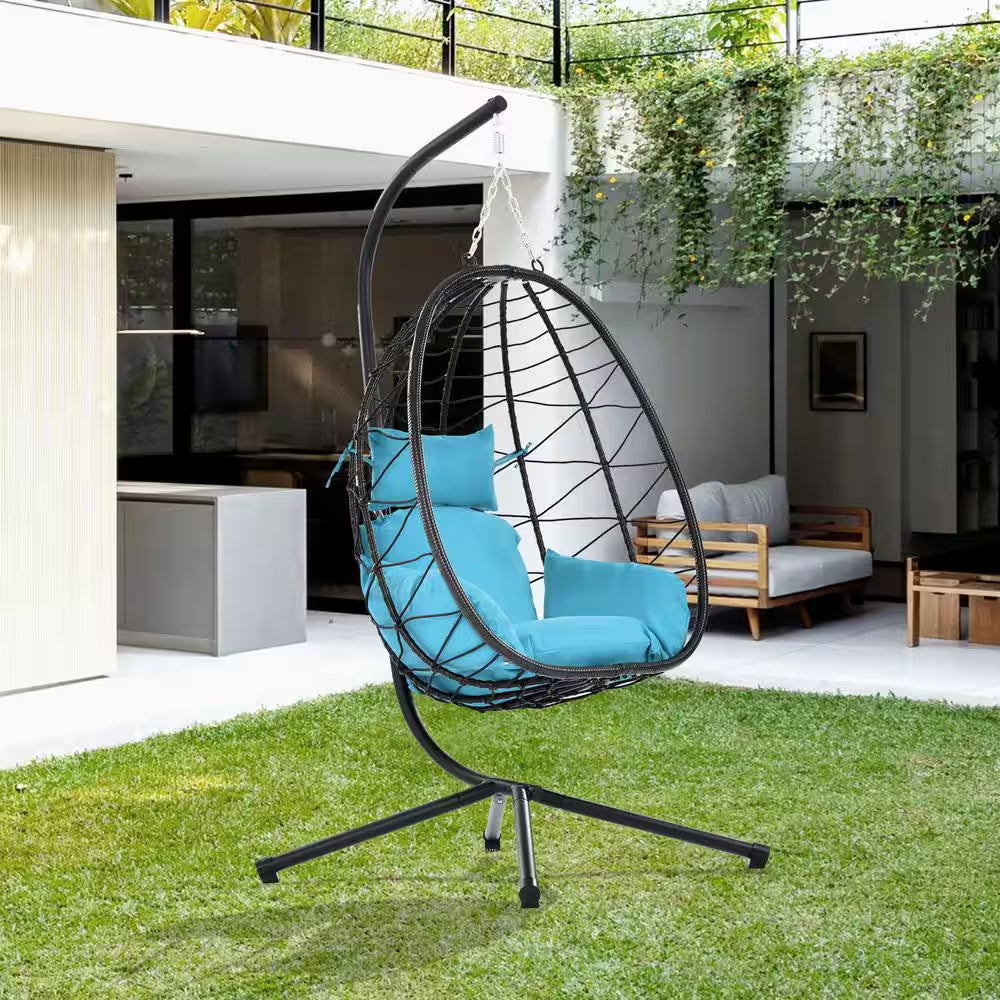 Indoor and Outdoor Metal Patio Swing Chairs with Brackets, Egg Chairs, Hanging Basket Chairs, with Blue Cushion