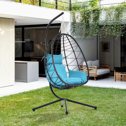 Indoor and Outdoor Metal Patio Swing Chairs with Brackets, Egg Chairs, Hanging Basket Chairs, with Blue Cushion